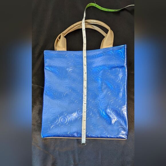 Clinique Tote Large Cosmetic Case Metallic Blue Tan Gold Handle Vinyl Patent - Picture 7 of 9